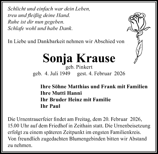 Traueranzeige von Sonja Krause von Sächsische Zeitung