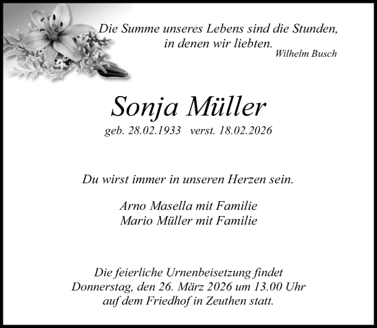 Traueranzeige von Sonja Müller von Märkischen Allgemeine Zeitung