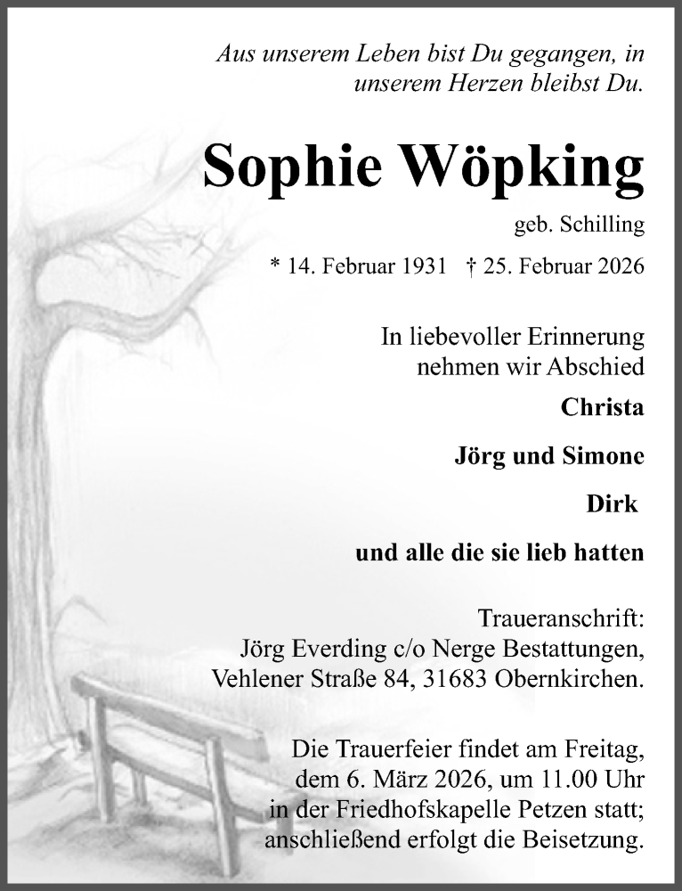  Traueranzeige für Sophie Wöpking vom 28.02.2026 aus Schaumburger Nachrichten