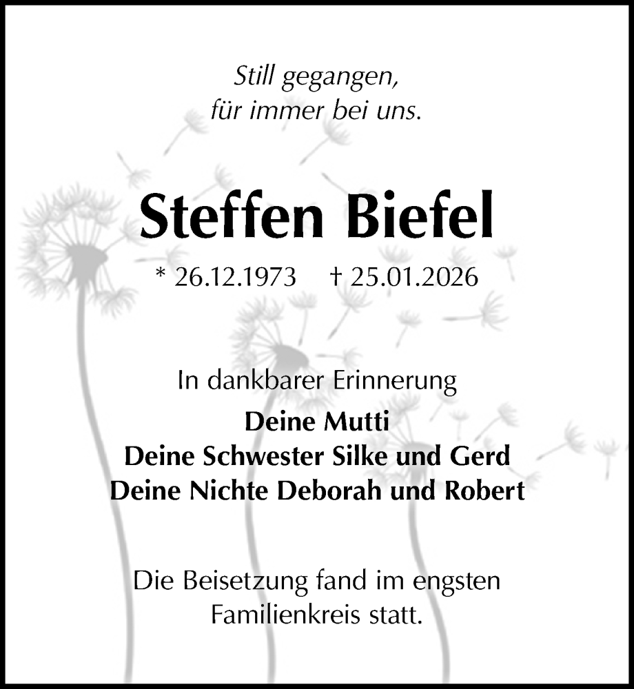  Traueranzeige für Steffen Biefel vom 21.02.2026 aus Wochenspiegel