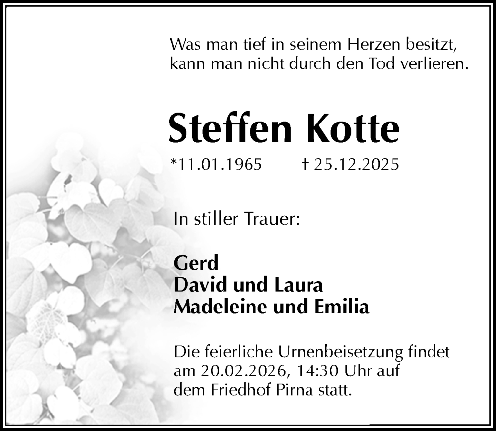  Traueranzeige für Steffen Kotte vom 07.02.2026 aus Sächsische Zeitung