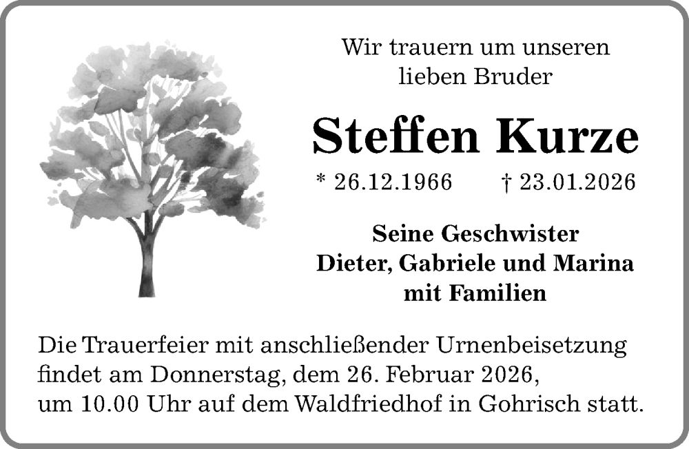  Traueranzeige für Steffen Kurze vom 14.02.2026 aus Sächsische Zeitung