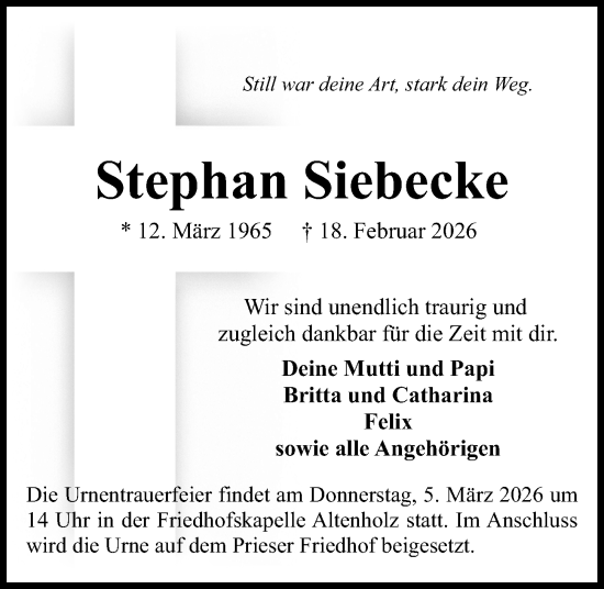 Traueranzeige von Stephan Siebecke von Kieler Nachrichten