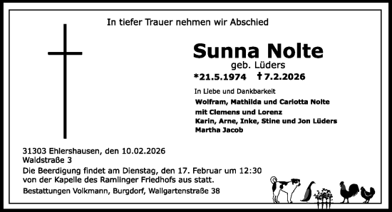 Traueranzeige von Sunna Nolte von Hannoversche Allgemeine Zeitung/Neue Presse