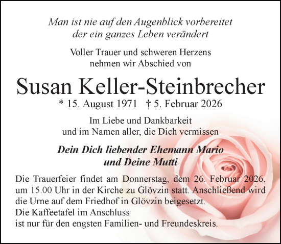 Traueranzeige von Susan Keller-Steinbrecher von Wochenspiegel