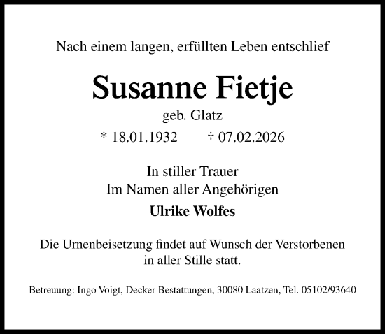 Traueranzeige von Susanne Fietje von Hannoversche Allgemeine Zeitung/Neue Presse