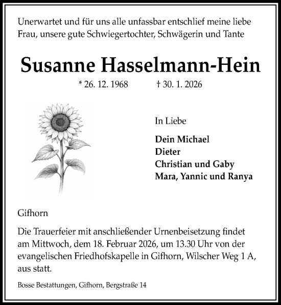 Traueranzeige von Susanne Hasselmann-Hein von Aller Zeitung