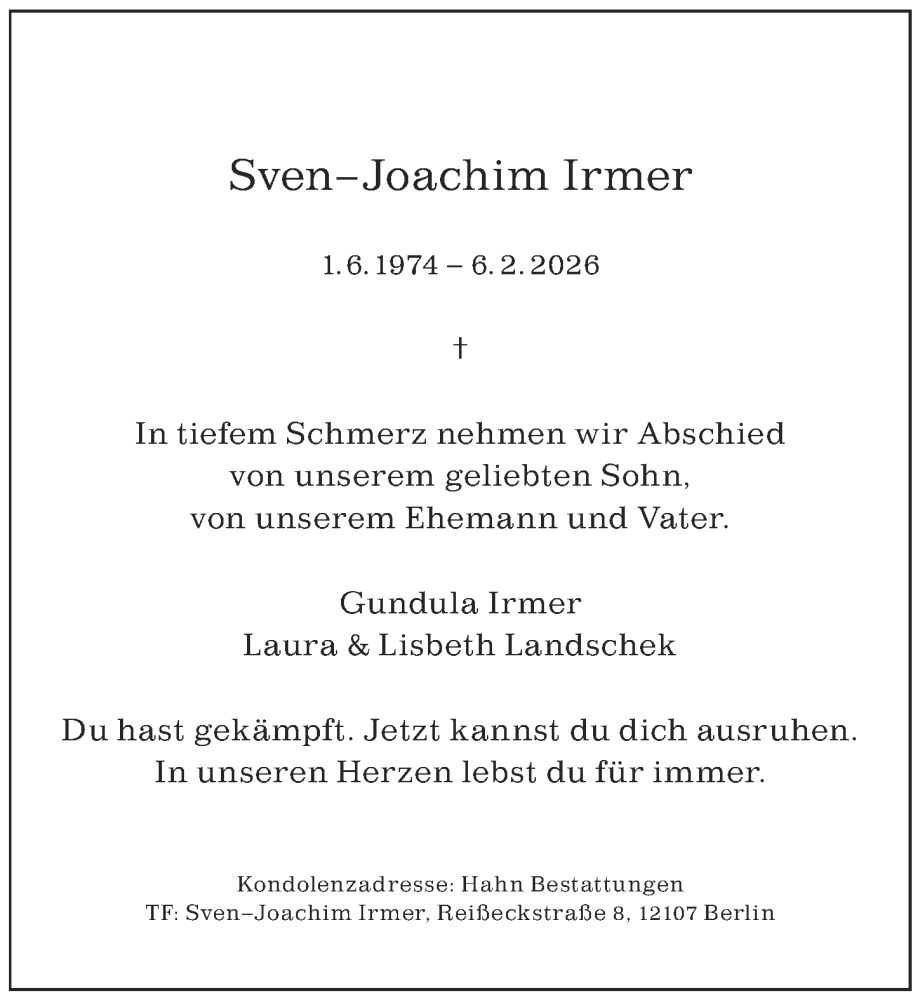  Traueranzeige für Sven-Joachim Irmer vom 22.02.2026 aus Lübecker Nachrichten
