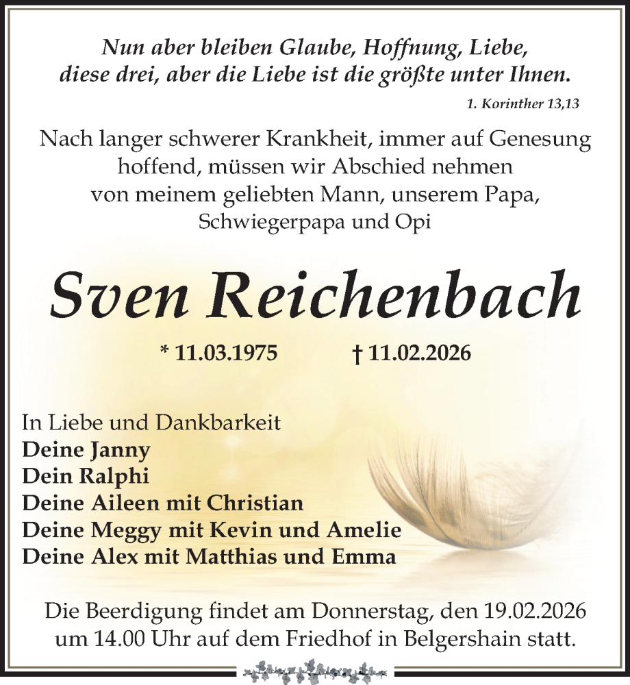  Traueranzeige für Sven Reichenbach vom 14.02.2026 aus Leipziger Volkszeitung