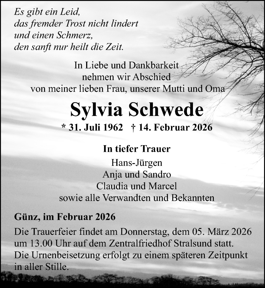  Traueranzeige für Sylvia Schwede vom 21.02.2026 aus Ostsee-Zeitung GmbH