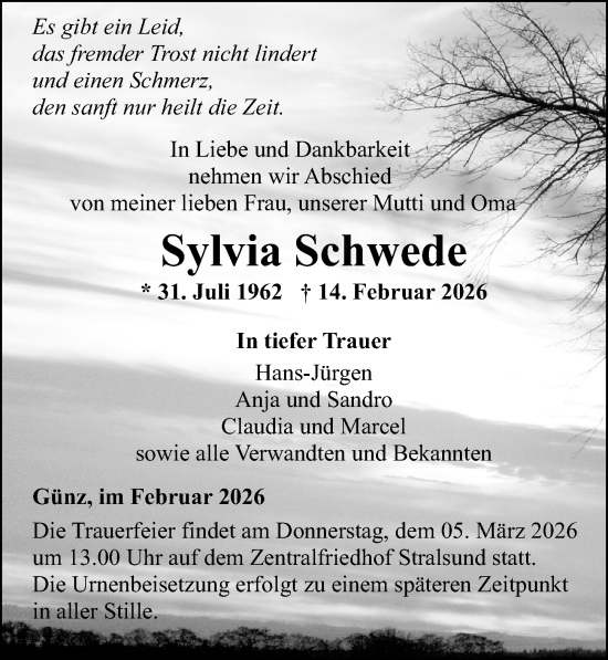 Traueranzeige von Sylvia Schwede von Ostsee-Zeitung GmbH