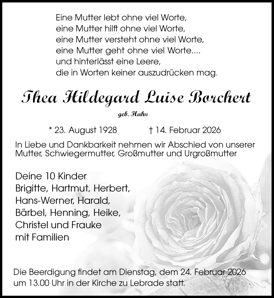  Traueranzeige für Thea Hildegard Luise Borchert vom 21.02.2026 aus Kieler Nachrichten