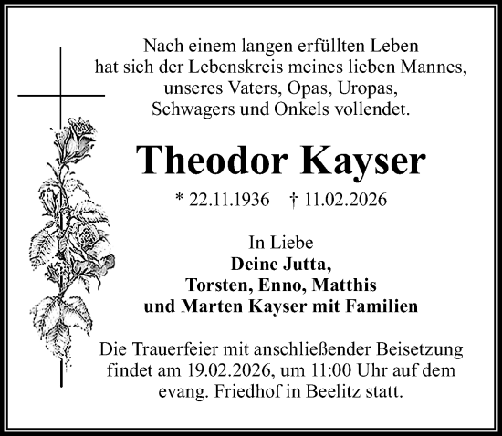 Traueranzeige von Theodor Kayser von Märkischen Allgemeine Zeitung