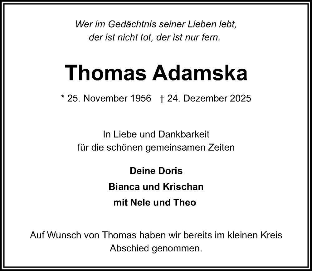  Traueranzeige für Thomas Adamska vom 01.02.2026 aus Lübecker Nachrichten