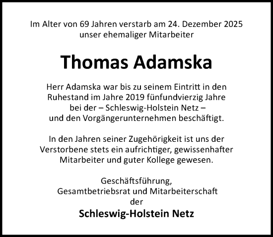 Traueranzeige von Thomas Adamska von Lübecker Nachrichten