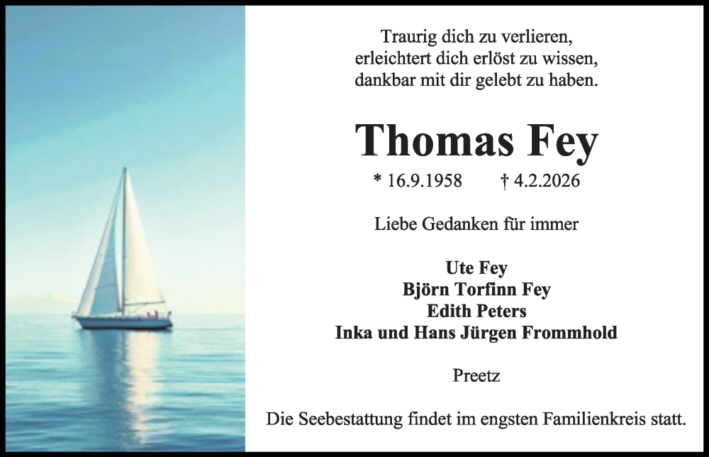  Traueranzeige für Thomas Fey vom 13.02.2026 aus Kieler Nachrichten