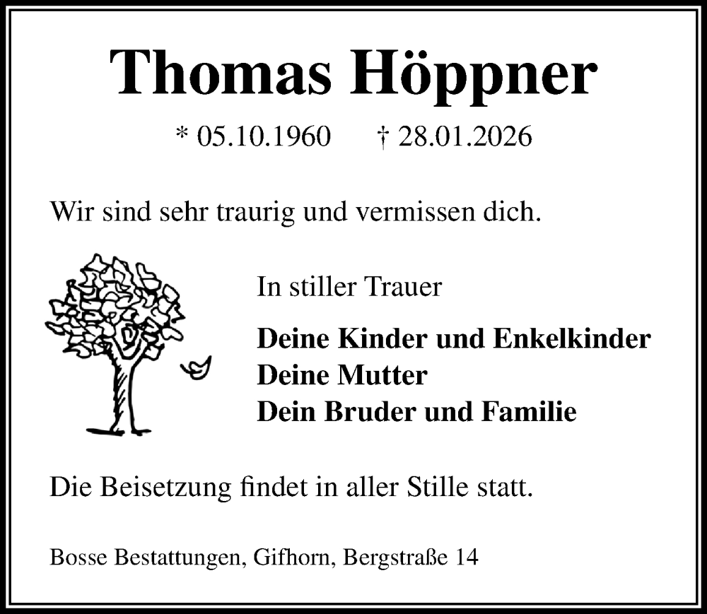  Traueranzeige für Thomas Höppner vom 07.02.2026 aus Aller Zeitung