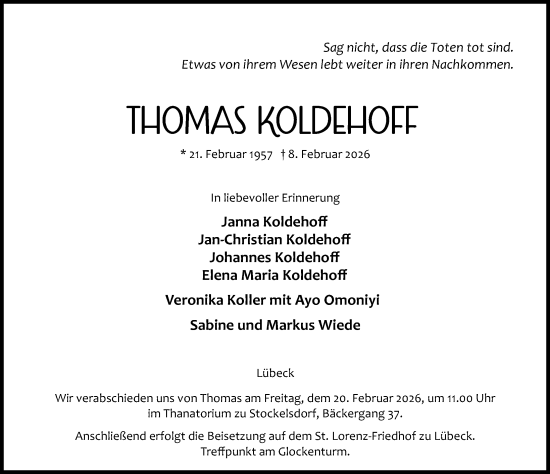 Traueranzeige von Thomas Koldehoff von Lübecker Nachrichten