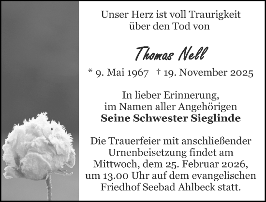 Traueranzeige von Thomas Nell von Ostsee-Zeitung GmbH