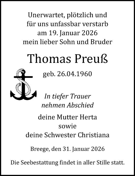 Traueranzeige von Thomas Preuß von Ostsee-Zeitung GmbH