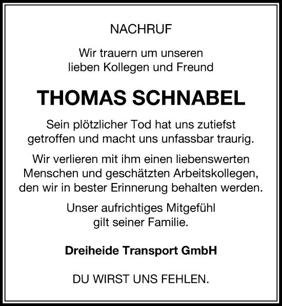 Traueranzeige von Thomas Schnabel von Torgauer Zeitung