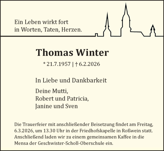 Traueranzeige von Thomas Winter von Sächsische Zeitung