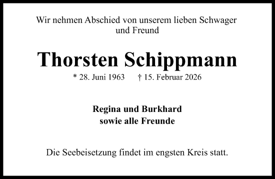 Traueranzeige von Thorsten Schippmann von Lübecker Nachrichten