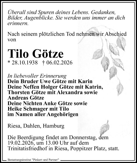 Traueranzeige von Tilo Götze von Sächsische Zeitung