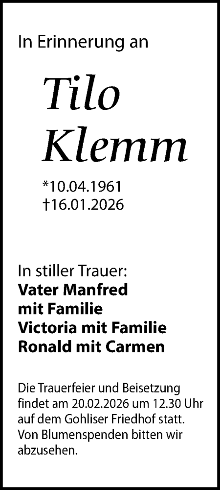 Traueranzeige von Tilo Klemm von Leipziger Volkszeitung