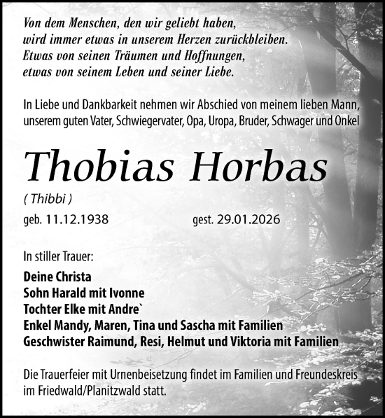 Traueranzeige von Tobias Horbas von Leipziger Volkszeitung