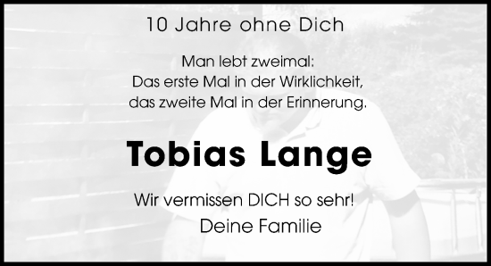 Traueranzeige von Tobias Lange von Leipziger Volkszeitung