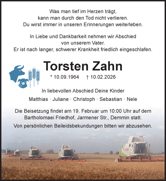 Traueranzeige von Torsten Zahn von Ostsee-Zeitung GmbH