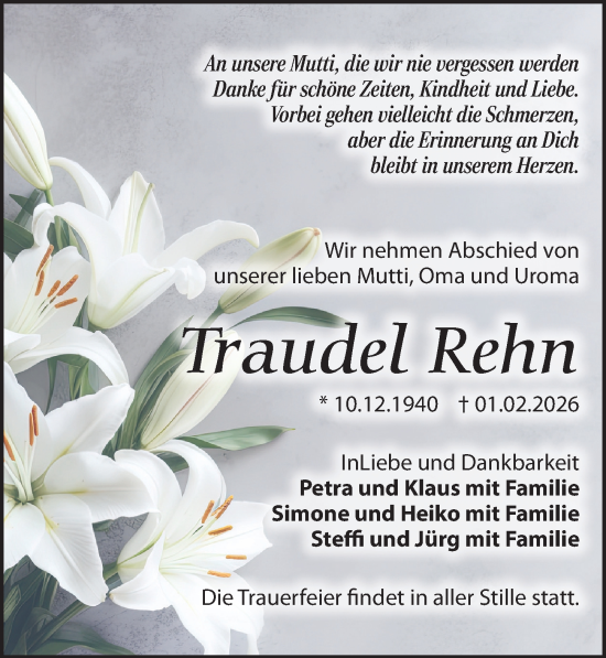 Traueranzeige von Traudel Rehn von Sächsische Zeitung