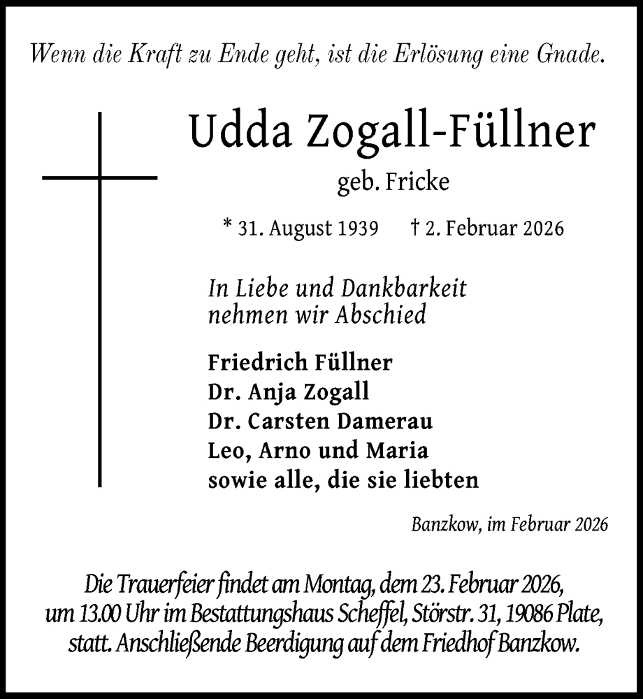  Traueranzeige für Udda Zogall-Füllner vom 14.02.2026 aus Peiner Allgemeine Zeitung