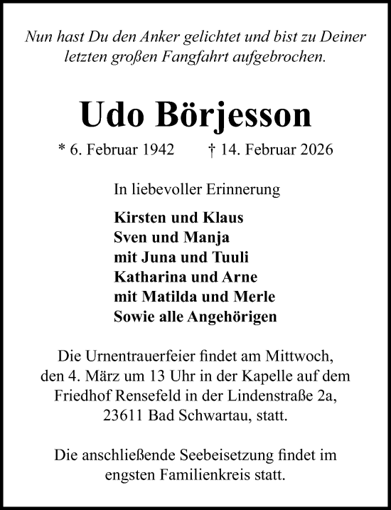 Traueranzeige von Udo Börjesson von Lübecker Nachrichten