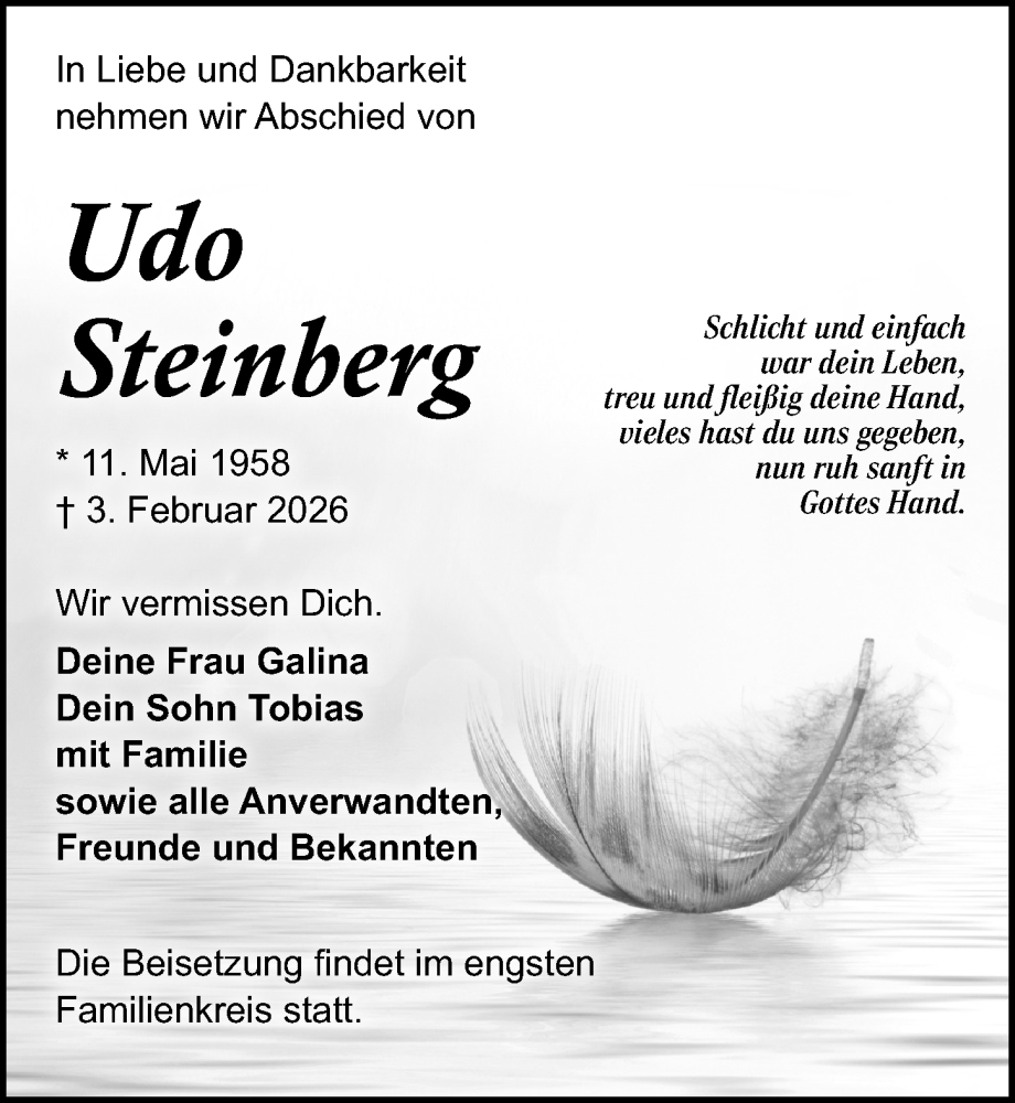  Traueranzeige für Udo Steinberg vom 14.02.2026 aus Wochenspiegel