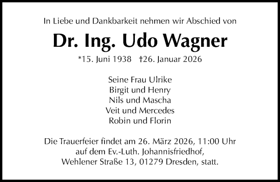 Traueranzeige von Udo Wagner von Sächsische Zeitung