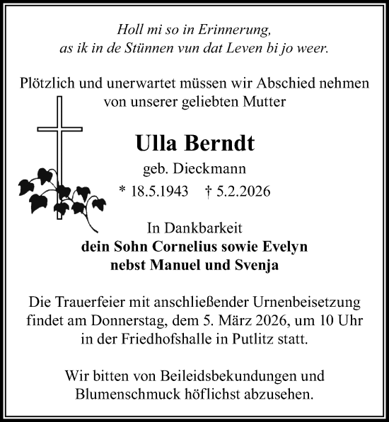 Traueranzeige von Ulla Berndt von Wochenspiegel
