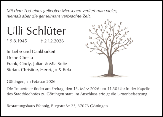 Traueranzeige von Ulli Schlüter von Göttinger Tageblatt