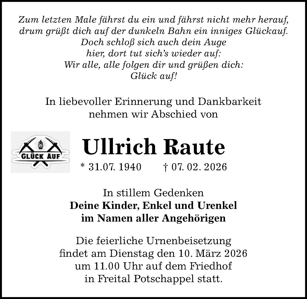  Traueranzeige für Ullrich Raute vom 21.02.2026 aus Sächsische Zeitung