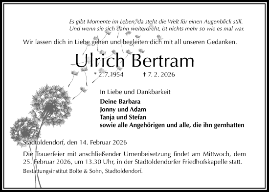 Traueranzeige von Ulrich Bertram von Täglicher Anzeiger Holzminden
