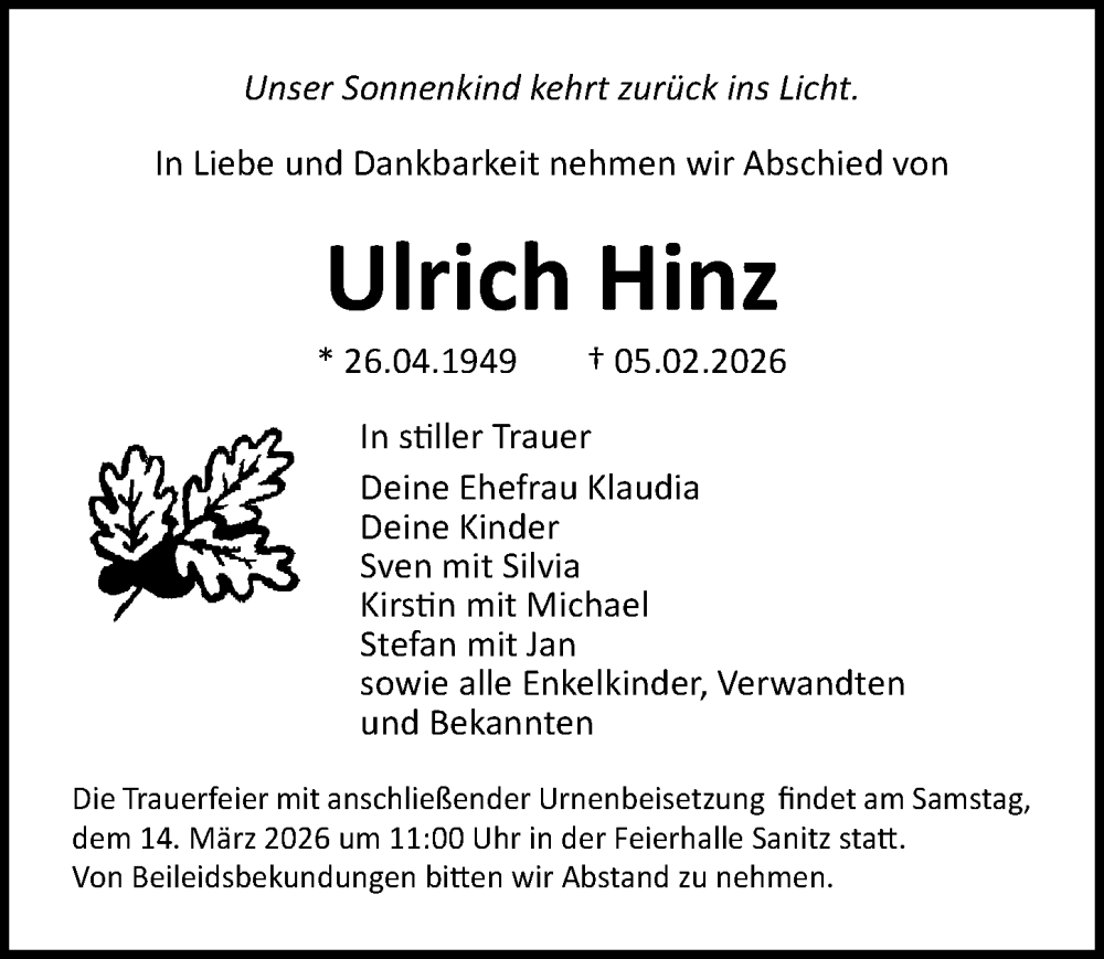  Traueranzeige für Ulrich Hinz vom 14.02.2026 aus Ostsee-Zeitung GmbH