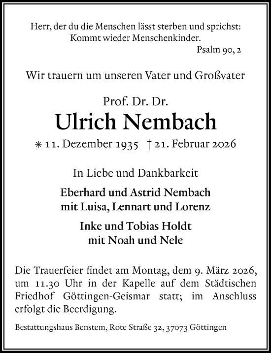 Traueranzeige von Ulrich Nembach von Göttinger Tageblatt