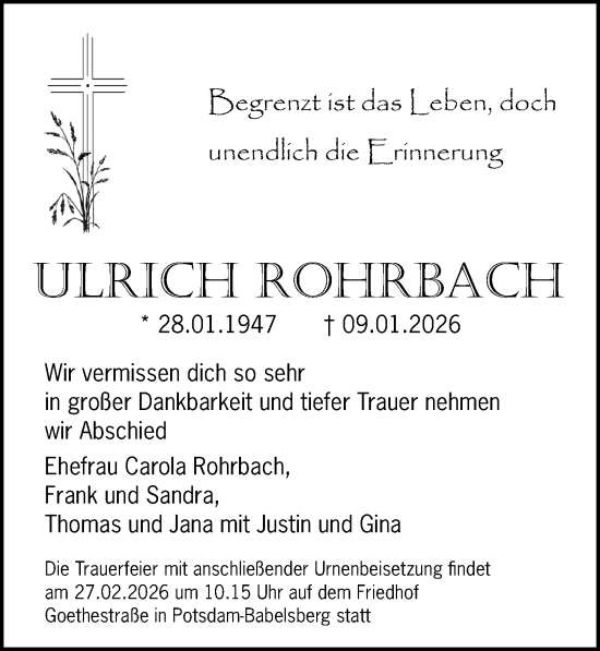 Traueranzeige von Ulrich Rohrbach von Märkischen Allgemeine Zeitung