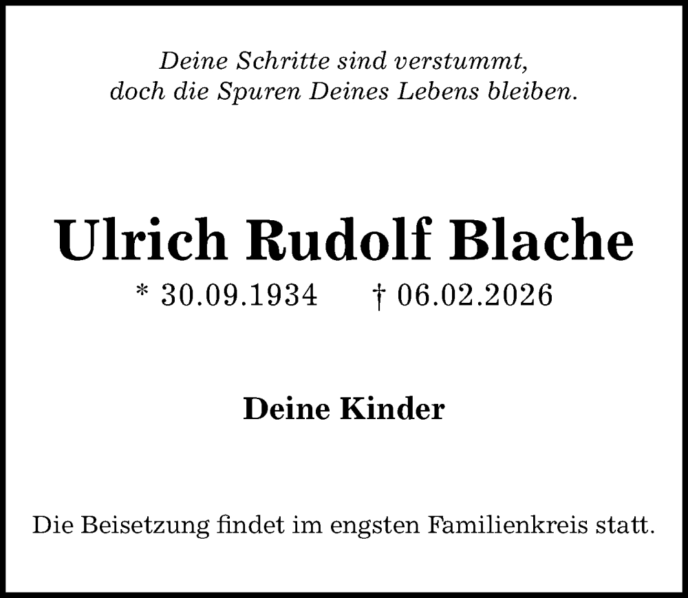  Traueranzeige für Ulrich Rudolf Blache vom 14.02.2026 aus Märkischen Allgemeine Zeitung