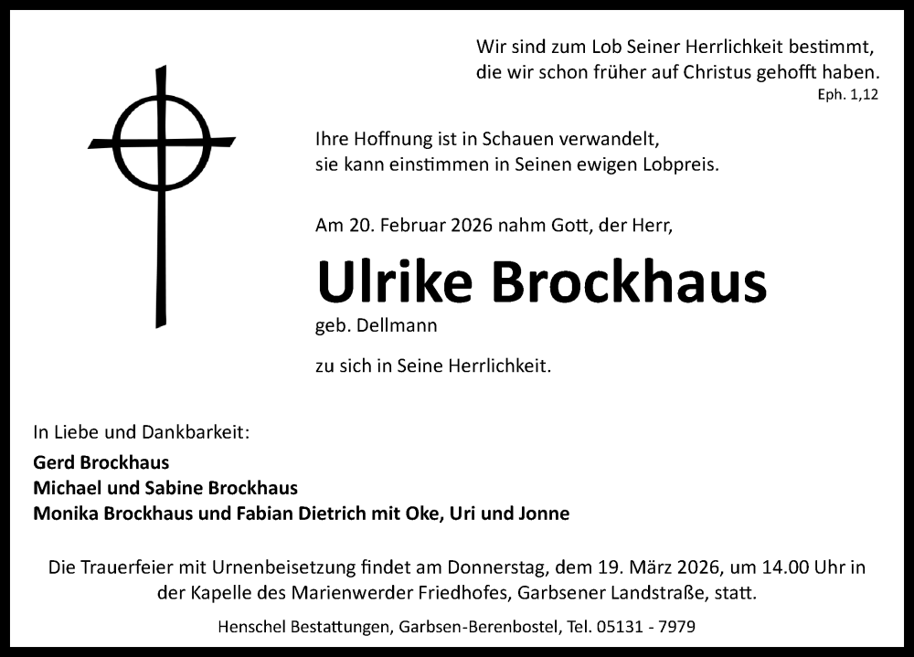 Traueranzeige für Ulrike Brockhaus vom 28.02.2026 aus Hannoversche Allgemeine Zeitung/Neue Presse