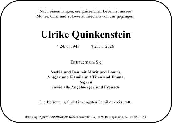 Traueranzeige von Ulrike Quinkenstein von Hannoversche Allgemeine Zeitung/Neue Presse
