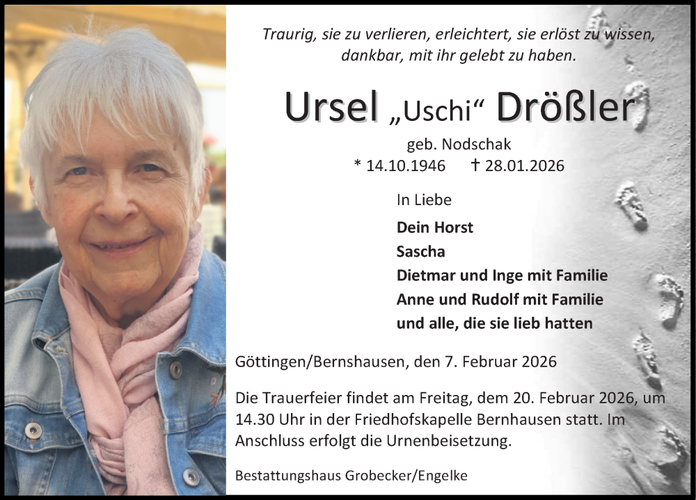  Traueranzeige für Ursel Drößler vom 07.02.2026 aus Göttinger Tageblatt