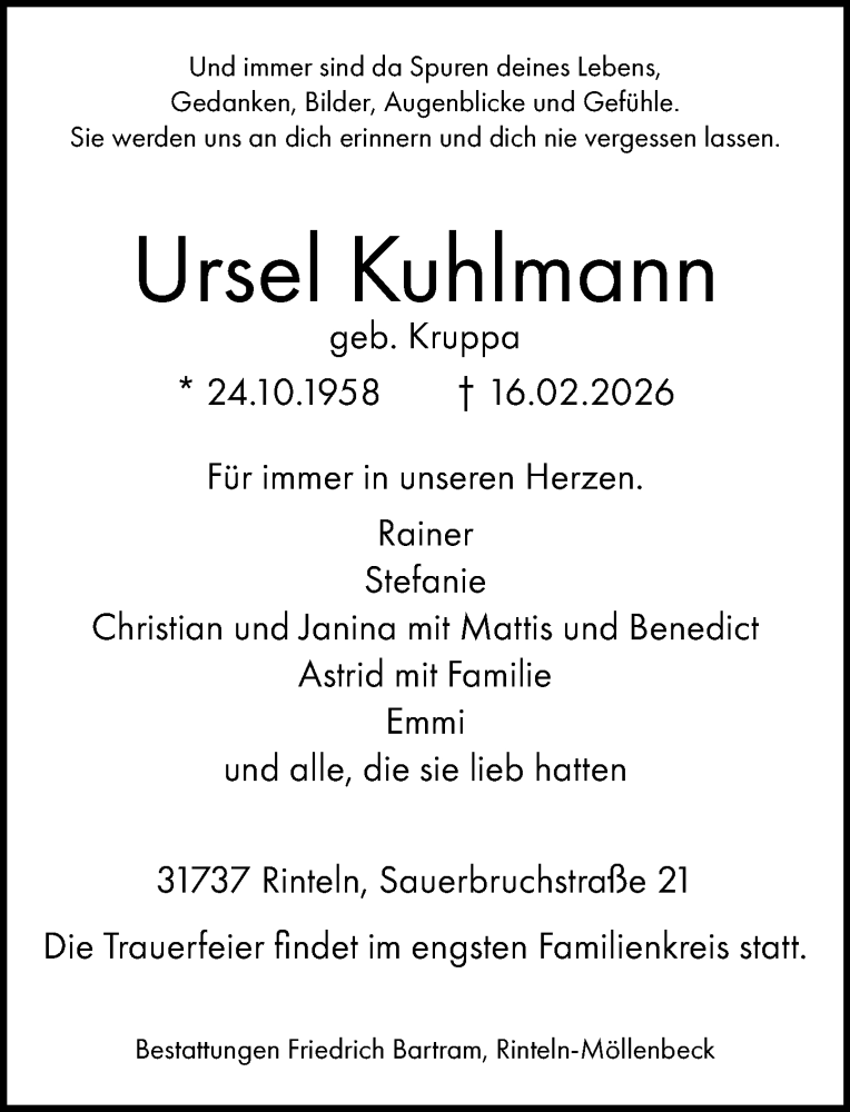  Traueranzeige für Ursel Kuhlmann vom 21.02.2026 aus Schaumburger Nachrichten und Schaumburger Zeitung/ Landes-Zeitung