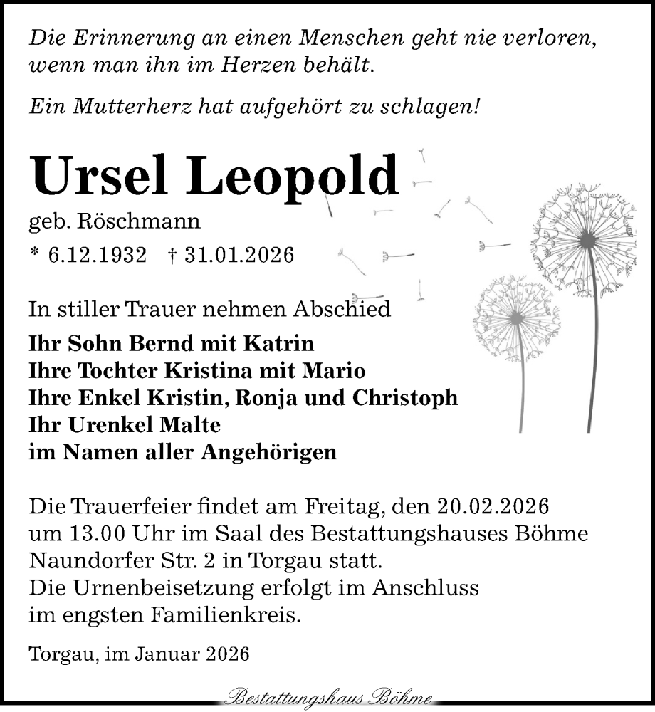  Traueranzeige für Ursel Leopold vom 07.02.2026 aus Torgauer Zeitung